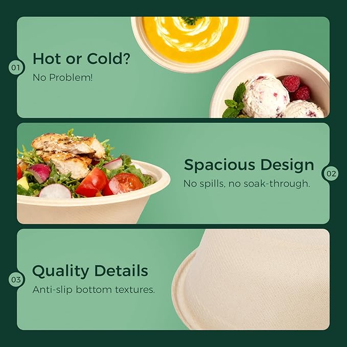 48 OZ [100 Pack] Heavy Duty Compostable Salad Bowls - 100% Sugarcane Fiber, Microwave Safe - Large Disposable Bowls for Soup, Salad, Ramen, Popcorn