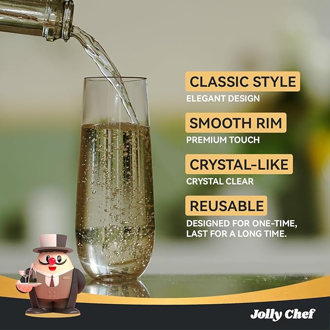 JOLLY CHEF 48 Pack Stemless Plastic Champagne Flutes 9 oz, Crystal Clear Stemless Plastic Toasting Glasses, Clear Disposable Unbreakable Drinkware Ideal for Wedding, Birthday, Party, Thanksgiving