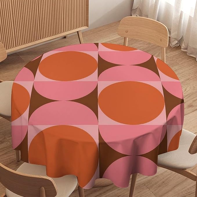 Mid Century Round Tablecloth, Abstract Retro 50s 60s Style Geometric Print Tablecloth for Home Party Dining Room Kitchen Decorm 50Inch(127cm)