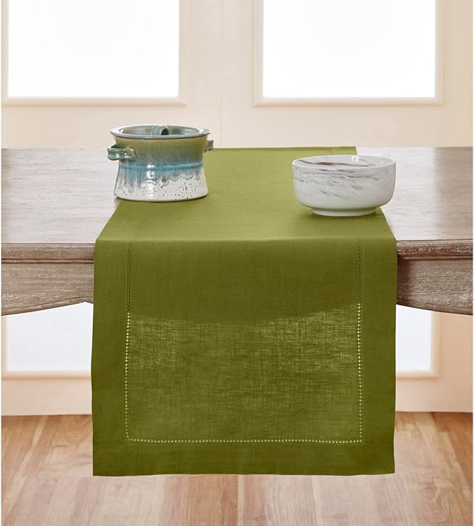Solino Home Linen Avocado Green Hemstitch Table Runner 60 Inches - 100% Pure Linen Small Table Runner 14 x 60 Inch for Dresser and Coffee Tables, Spring, Easter, St Patricks Day - Classic Hemstitch