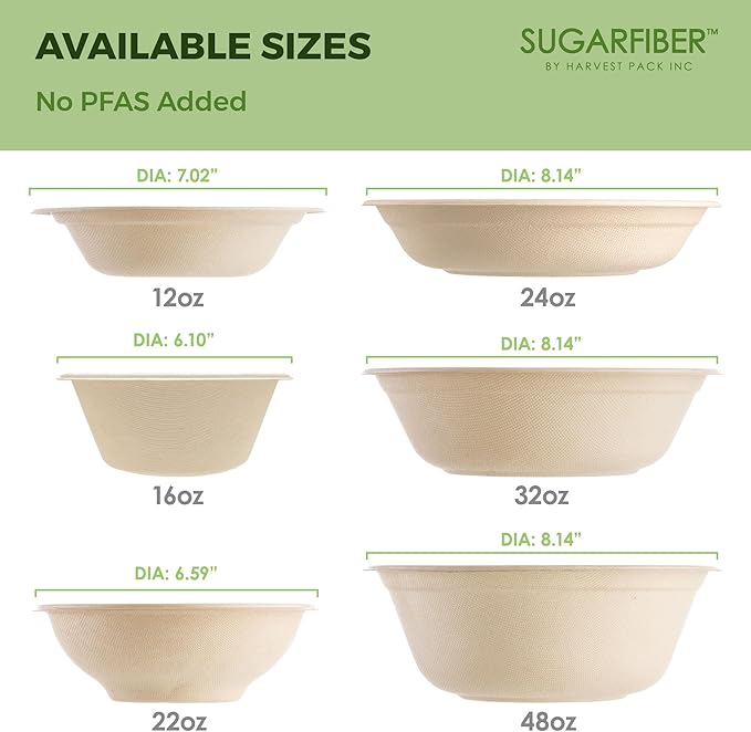 [125 Count]Harvest Pack Compostable Paper Bowls, 16oz PFAS FREE Round Biodegradable Soup Bowl, Heavy-Duty Eco-Friendly Disposable Bowls, Sugarcane Bagasse Natural plant fibers, Alternative to Plastic