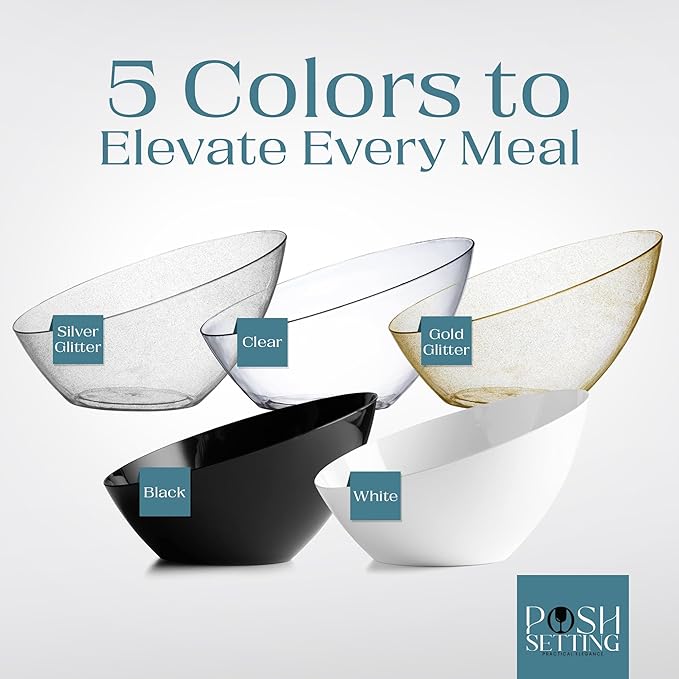 Posh Setting - Silver Plastic Serving Bowls Angled & Candy - Salad & Fruit Serving Bowls Wedding - 8 OZ, Glitter, 5 Pack