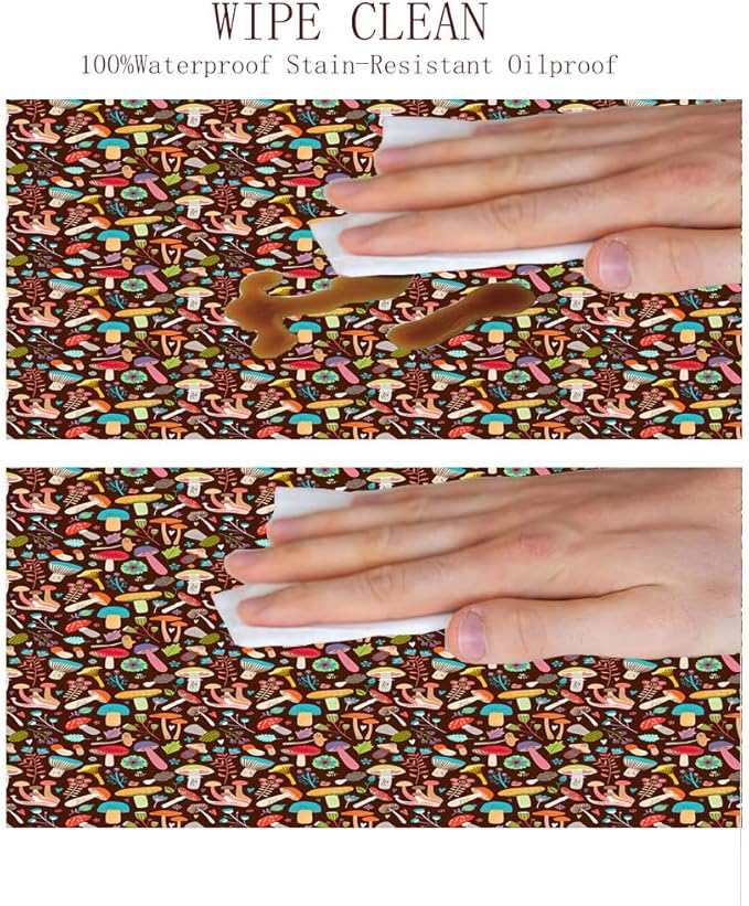 Round Edge Closing Tablecloth, Mushrooms Elastic Edged Tablecloth, Attractive Various Cartoon Leaves and Mushrooms Graphic, Fit Round Tables 28inch Diameter, for Indoor Outdoor Fits, Brown