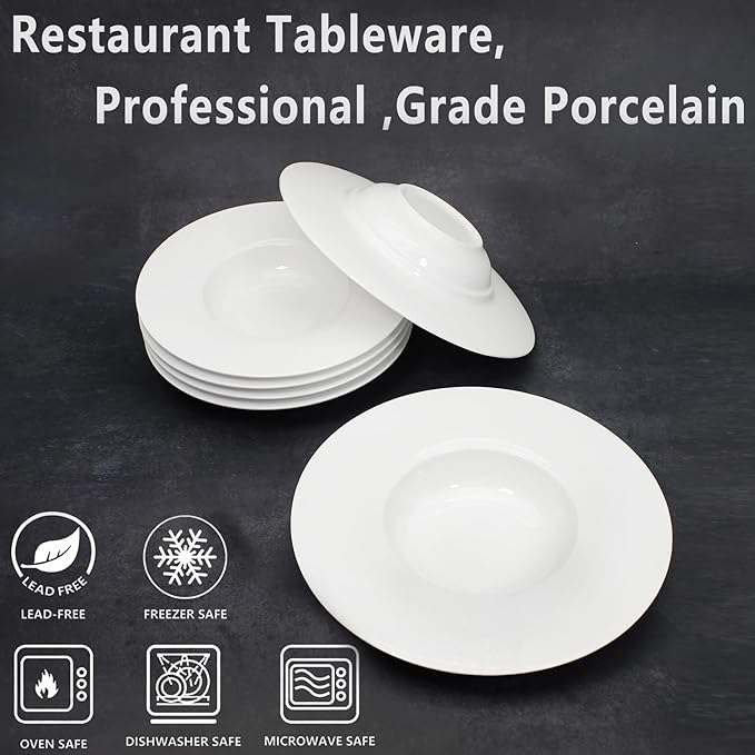 Ceramic Wide Rimmed Soup Plate, Soup Bowl 14 oz, Pasta Bowl Set of 4, White Shallow Bowl Plate with Rim, Best choice for high-end restaurants, hotels, and foodies, 12 Inch