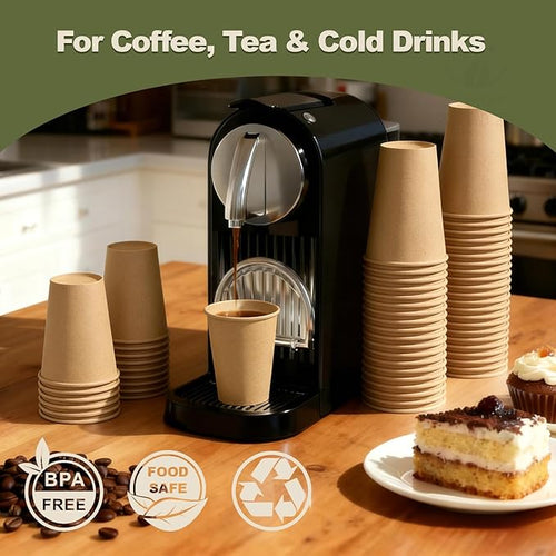 12 oz 100 Pack Disposable Coffee Cups, Bulk Brown Disposable Paper Cups, Coffee Cups for Hot Tea, Chocolate and Cold Drinks