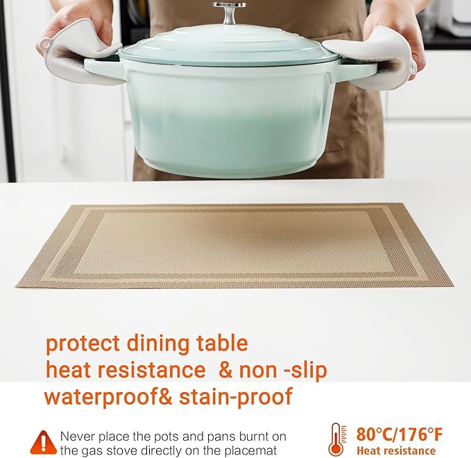 Placemats Set of 8,Washable,Heat and Stain Resistant Indoor/Outdoor Place mats,Vinyl Woven Non Slip Table Mats for Restaurant Table Protection,PVC Placemats(Beige,8PCS)