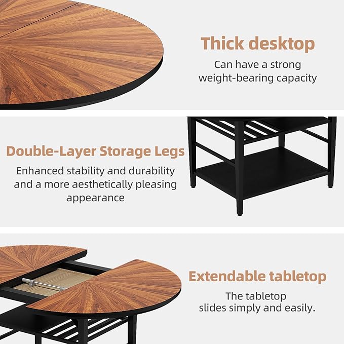 VFK 47.2"-63" Extendable Round Dining Table Set for 4–6, Solid Wood & Metal Table with Wine Rack Storage Shelf, Walnut Kitchen Furniture with 4 Upholstered Chairs (Storage Table and 4 Black Chairs)