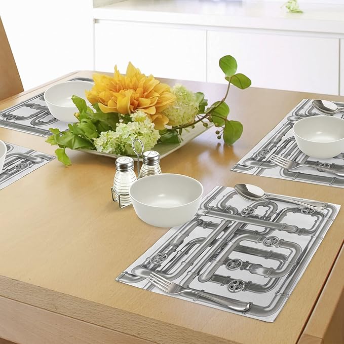 Ambesonne Industrial Place Mats Set of 4, Maze of Pipelines Faucets and Valve Gasoline Engineering Themed Print, Washable Fabric Placemats for Dining Table, Standard Size, Grey White