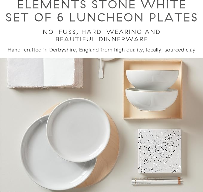 Denby - Elements Stone White Coupe Salad Plates Set of 6 - Dishwasher Microwave Oven Safe - Scratch Chip Resistant Lunch, Appetizer, Dessert Plates - 8.25 Inch Ceramic Stoneware Dinnerware Set