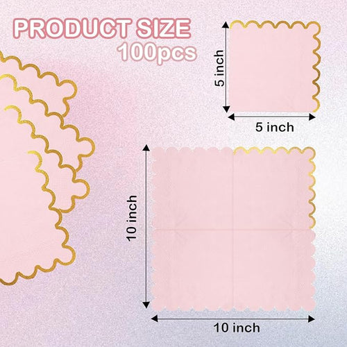 100 pack Pink Cocktail Napkins with Gold Foil Accents Scalloped Edges 5 x 5 inch Beverage Disposable Napkin Party Decoration Wedding Bridal and Baby Shower Dinner Lunch Supplies