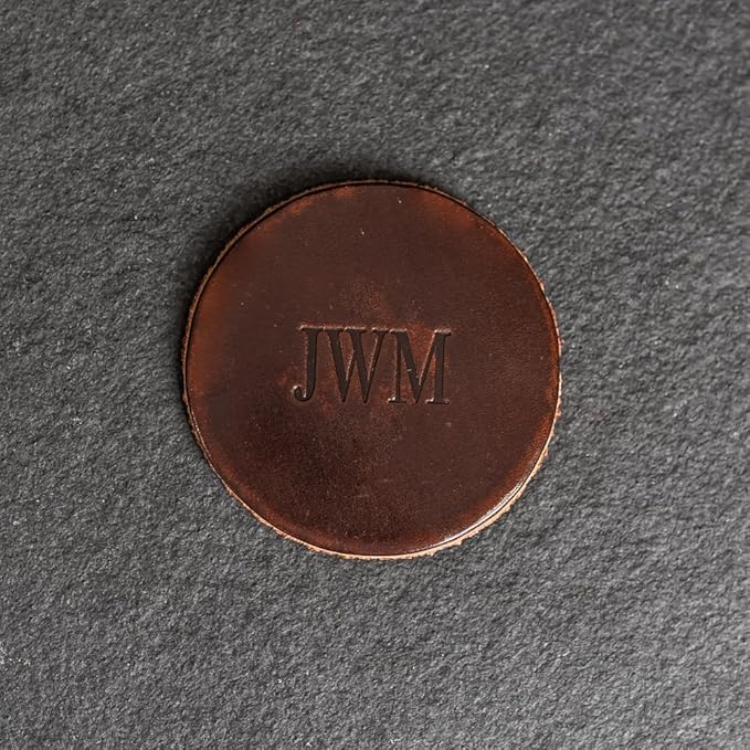 Ox & Pine Personalized Leather Coaster - Sold Individually or in Sets of 4 - Customize Inscription - 100% Full-Grain Leather – 4" Round or 4" Square (Round, Deep Ocean, 1 Individual Coaster)