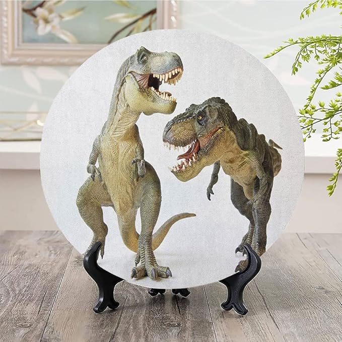 Ceramic Plates, Dinosaur Decorative Ceramic Plates, Tyrannosaurus Rex Pair Facing Off Ferocious Creatures, 6 Inch, for Dining, Parties, Wedding, Ivory Brown Grey