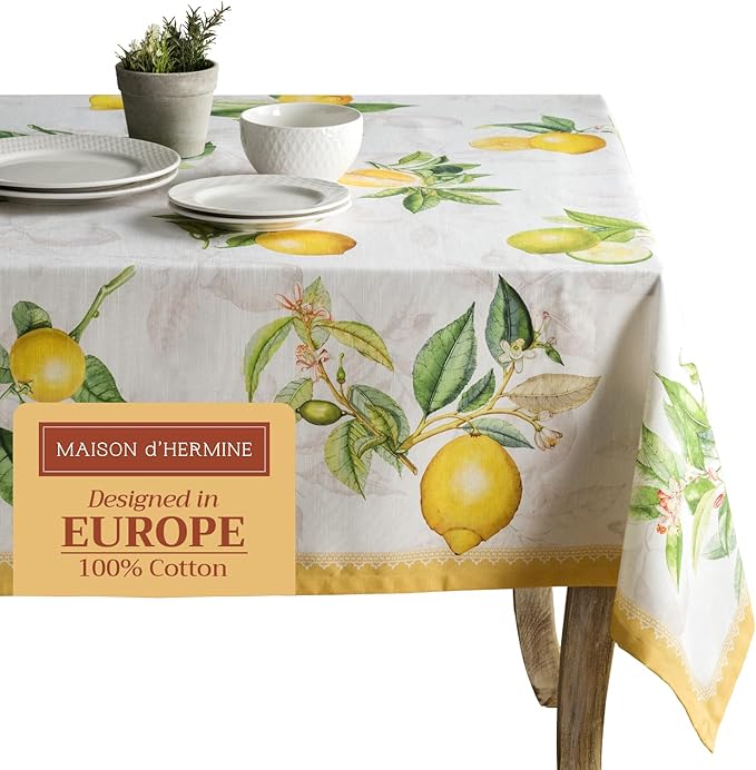 Maison d' Hermine Table Cloth Rectangle Table 100% Cotton 70 x 108 Inches Tablecloth Reusable Decorative for Dining Room Farmhouse Home Valentines Day Decorations Spring Summer - Limoncello