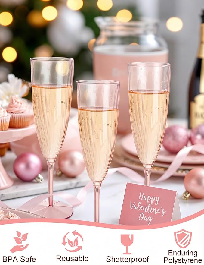 WDF 36PCS Pink Champagne Flutes Plastic - 6OZ Pink Disposable Champagne Flutes Party Supplies for Wedding Birthday Parties Valentine's Day Galentine's Day