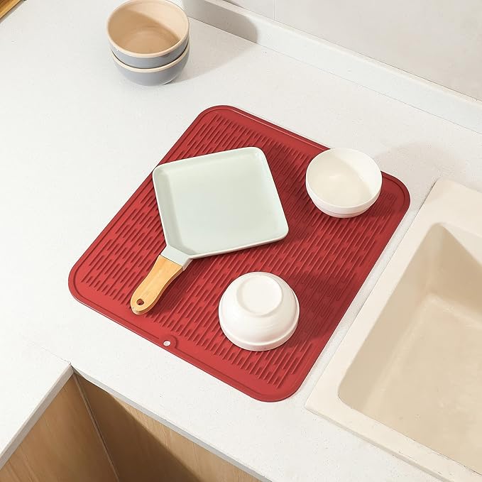 Silicone Dish Drying Mat for Multiple Usage,Easy clean,Eco-friendly,Heat-resistant Silicone Mat for Kitchen Counter or Sink,Refrigerator or Drawer Liner Red 2XL 24 inches x 18 inches