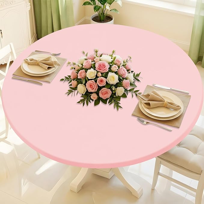 Round Spandex Valentines Day Tablecloth, Elastic Fitted Waterproof Tablecloths for 42"-50" Tables, Stretch Washable Picnic Table Cover for Camping, Dining, Indoor and Outdoor, Pink