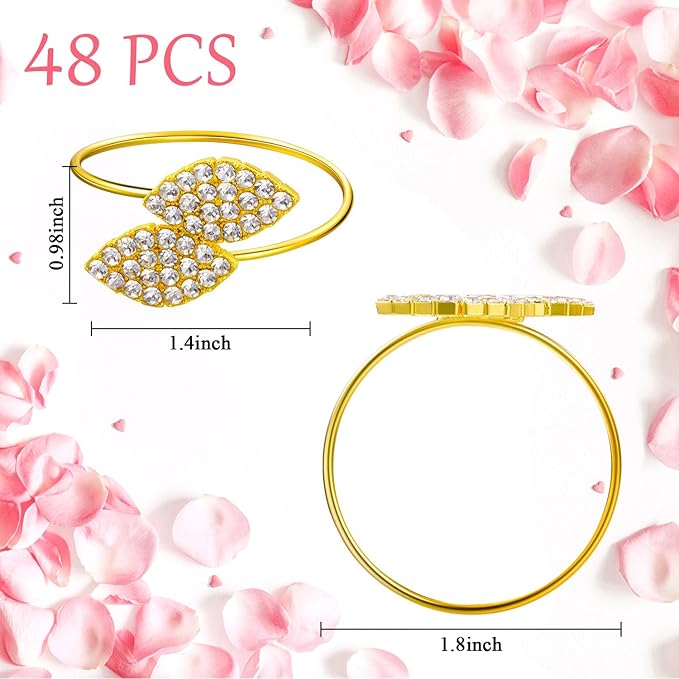 Hotop 24 Pcs Valentine's Day Napkin Rings Gold Table Decorations, Elegant Bling Leaves Napkin Rings, Rhinestone Guest Towels Buckle for Holiday Gather Party, Wedding Dinner Banquet Table Decoration