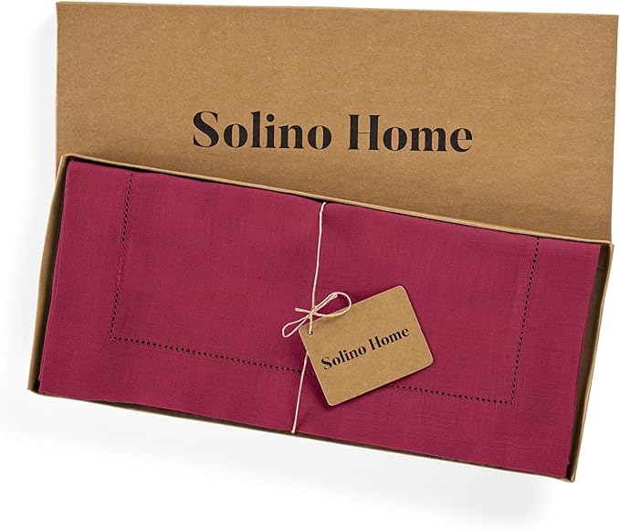 Solino Home Linen Table Runner 60 Inches - 100% Pure Linen Beet Hemstitch Table Runner 14 x 60 Inch Ideal for Dresser and Coffee Tables - Valentines, Easter, Winter - Classic Hemstitch