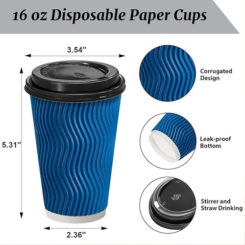 100 Pack Coffee Cups with Lids 16 oz, Disposable Insulated Ripple Wall To Go Paper Coffee Cups for Hot/Cold Drinks Office Home Shop Event (Navy)