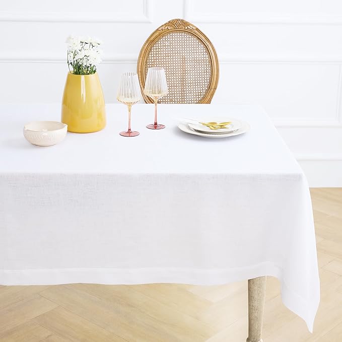 Solino Home Linen White Tablecloth 60 x 90 Inch - 100% Pure Linen Rectangular Tablecloth - Machine Washable Table Cloth for Winter, Valentines, Spring, Easter - Fete