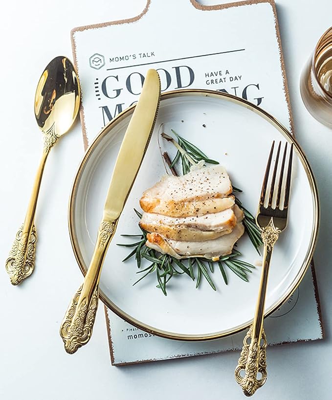 Gold Silverware Set for 8 Premium 18/10 Stainless Steel Flatware Set Palace Style 40 Piece Cutlery Tableware Utensils Embossed Decorative Handle Knives Forks and Spoons for Home Christmas Wedding