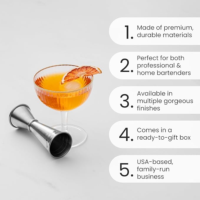 A Bar Above Premium Japanese Jigger 8 Precise Measurement Markings, Heavy Duty 304 Stainless Steel Double Cocktail Jigger for Professional Bartenders & Home Use, Durable Bar Tool, 2 pack