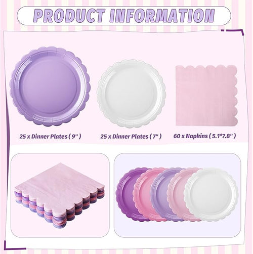 110 Pcs Pink Purple Plates and Napkins Tableware Set Serve 25 Guests Includes Scalloped 9" 7" Paper Dessert Dinner Plate Pastel Series Napkins for Spring Birthday Wedding Baby Shower Tea Party