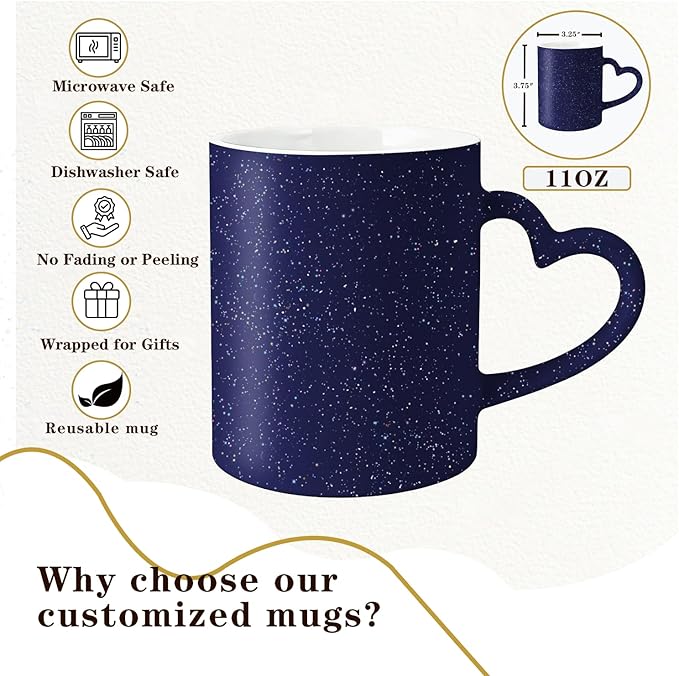 Custom Color Changing Mug,Personalized Photo Logo Text Print,Hidden Image Shows with Hot Drinks,Heart Shaped Handle Ceramic Coffee Cup,Home Office,for Valentine's Day (Dark Blue Starry)