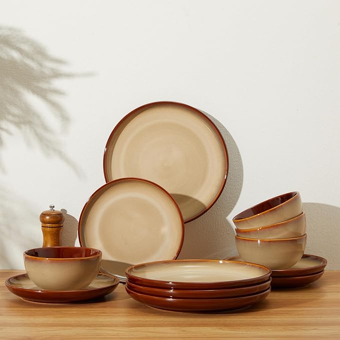 Stoneware Dinnerware Sets, Ceramic Plates and Bowls Set, Microwave & Dishwasher Safe Kitchen Dish Set, Modern Dinner Salad Plates | Cereal Bowls for 4, Dishware Sets Brown Yellow