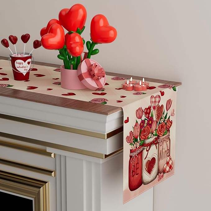 XCHI Roses Flowers Love Hearts Vase Valentine’s Day Table Runner Table Decoration for Party Home Kitchen Dining Dinner Holiday Decor 13x72 Inch