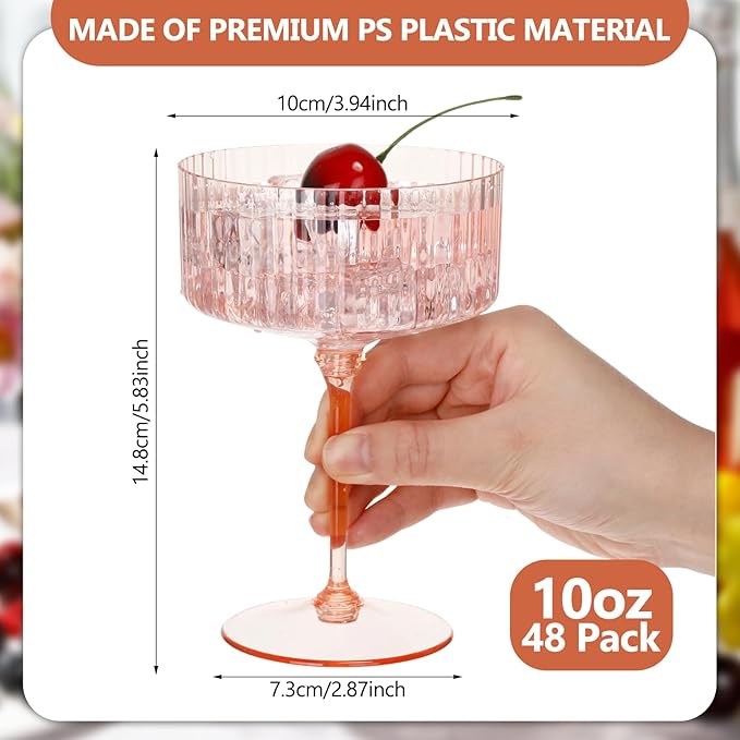 48 Pcs Ribbed Martini Glasses 10 oz Disposable Plastic Vintage Ribbed Coupe Glasses Unbreakable Dessert Parfait Glassware for Wedding Birthday Party Supplies (Champagne Powder)