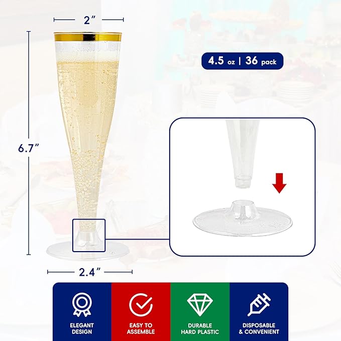 JOLLY CHEF 36 Count Plastic Champagne Flutes 4.5 oz Gold Rim Clear Disposable Toasting Glasses