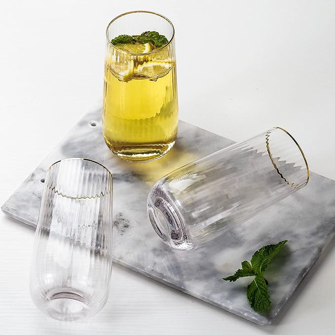 Lysenn Stemless Wine Glasses Set of 4 - Premium Hand Blown Drinking Glasses for Bubbly Wine & Champagne - Elegant Vertical Stripe and Gold Rim Champagne Flutes – Clear 17oz