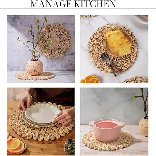 11.8" Set of 4 Round Corn Husk Placemats | Boho Woven Rattan Table Mats | Farmhouse Wicker Spring Plate Chargers Like Water Hyacinth, Seagrass for Wedding, Party, Christmas, Events
