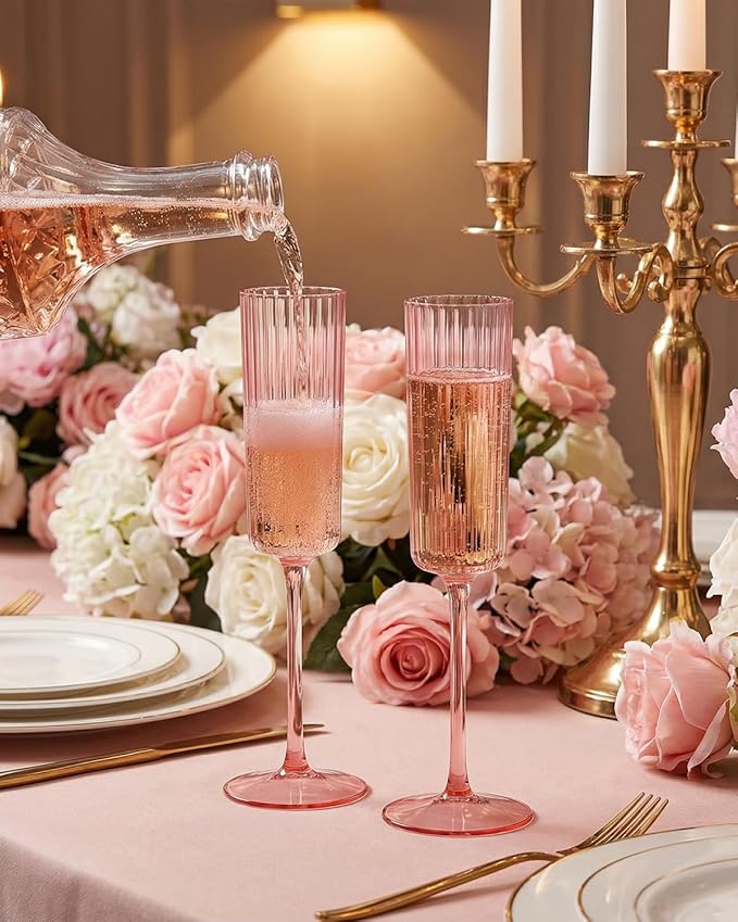 Ciaell 24 Pack Pink Plastic Champagne Flutes - 6oz Ribbed Disposable Champagne Glasses - Pink Vintage Mimosa Glasses with Long Stem, Elegant & Lightweight for Weddings and Party