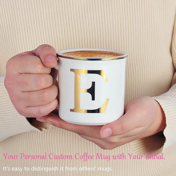 Miicol Ceramic Coffee Mug 16 oz, Monogram Coffee Cup, Golden Initial Tea Mug, Personalized Tea Cup, Unique Gift, Large Mug for Home, Office, Letter E