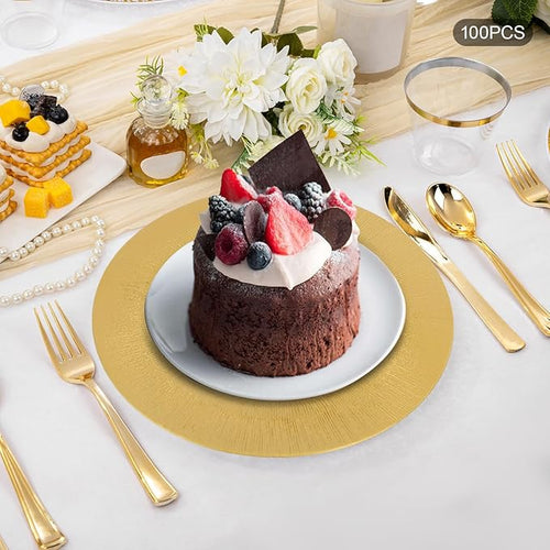 100 Pcs Antique Charger Plates Bulk, 13in Reusable Serving Plates Embossed Rim Plastic Party Dinner Plate Chargers Round Decorative Server Plate for Wedding Party Event Tableware
