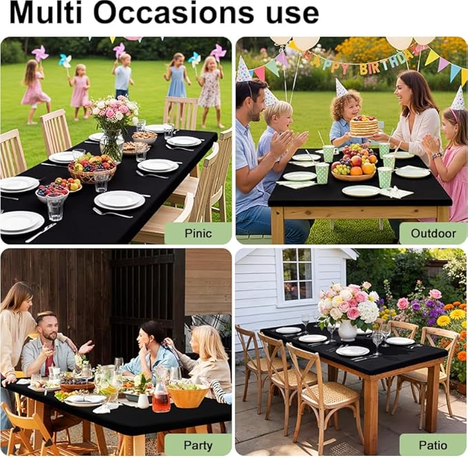 Smiry Rectangle Picnic Table Cloth, Waterproof Elastic Fitted Tablecloths for 6 Foot Tables, Washable Polyester Table Cover for Camping, Indoor and Outdoor (Black, 36"x72")