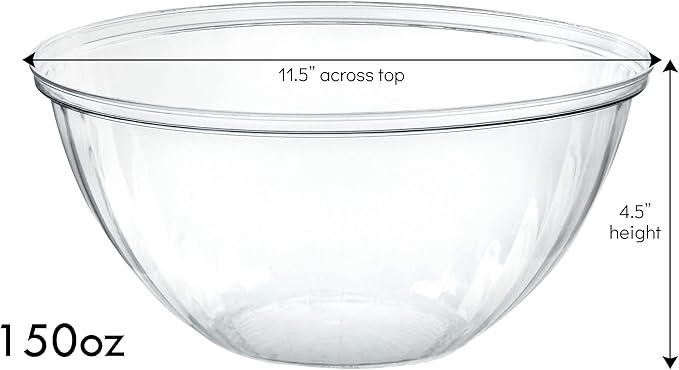 PLASTICPRO Disposable 150 Ounce Round Crystal Clear Plastic Serving Bowls, Party Snack or Salad Bowl, Chip Bowls, Snack Bowls, Candy Dish, Salad Container Pack of 8