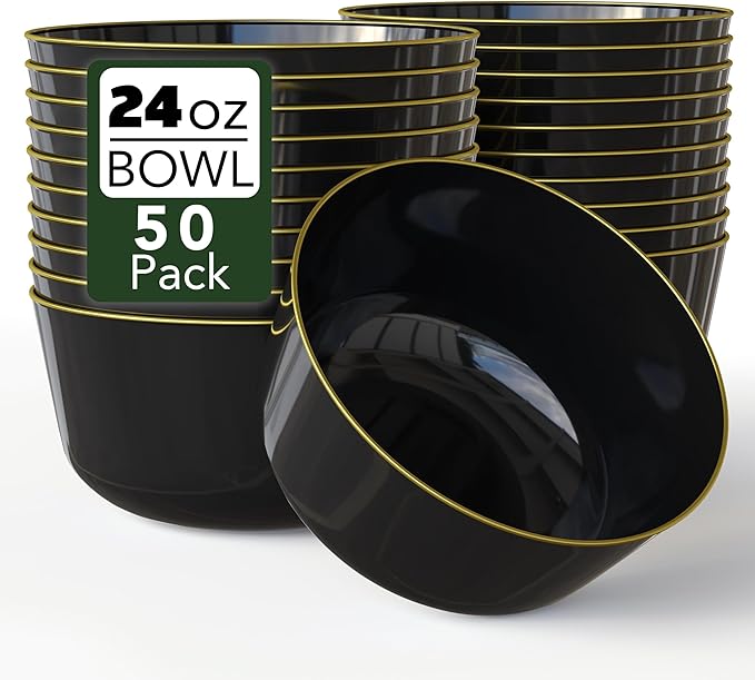 Trendables Plastic Bowls Disposable Bowls 24 Oz Bowl Set Of 50 Black Gold Rimmed Fancy Plastic Serving Dishes Perfect for Parties and Events Disposable Candy Bowl