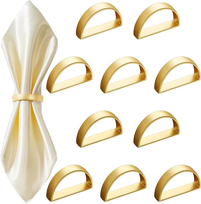 10 Pcs Stainless Steel Napkin Rings Metal Napkin Ring Holders Valentine's Day Modern Serviette Buckles Metallic Adornment for Spring Table Kitchen Dinner Party Wedding (Matte Gold Semicircle)
