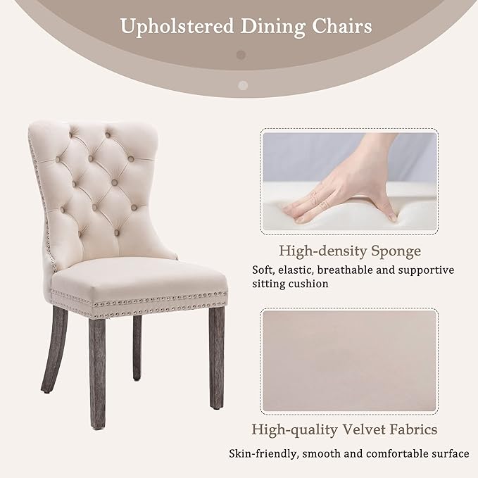 KCC Velvet Dining Chairs Set of 6, Upholstered High-end Tufted Dining Room Chair with Nailhead Back Ring Pull Trim Solid Wood Legs, Nikki Collection Modern Style for Kitchen, Beige