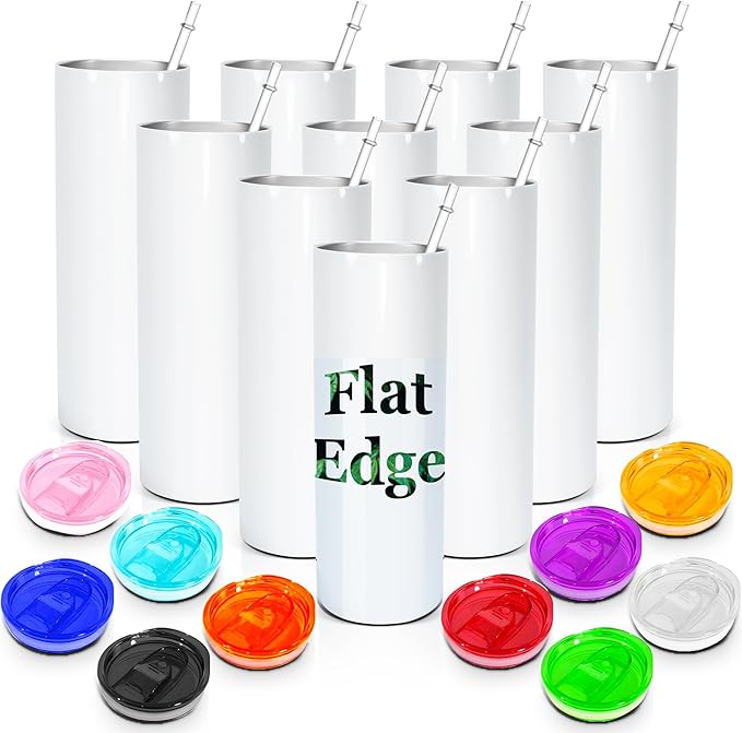 AGH 10pcs 20 oz Sublimation Tumbler Flat Edge Blanks, 20oz Sublimation Tumblers Skinny Straight Cups Bulk with Colorful Lid, Individual Box, Plastic Straw For Coffee Drinks
