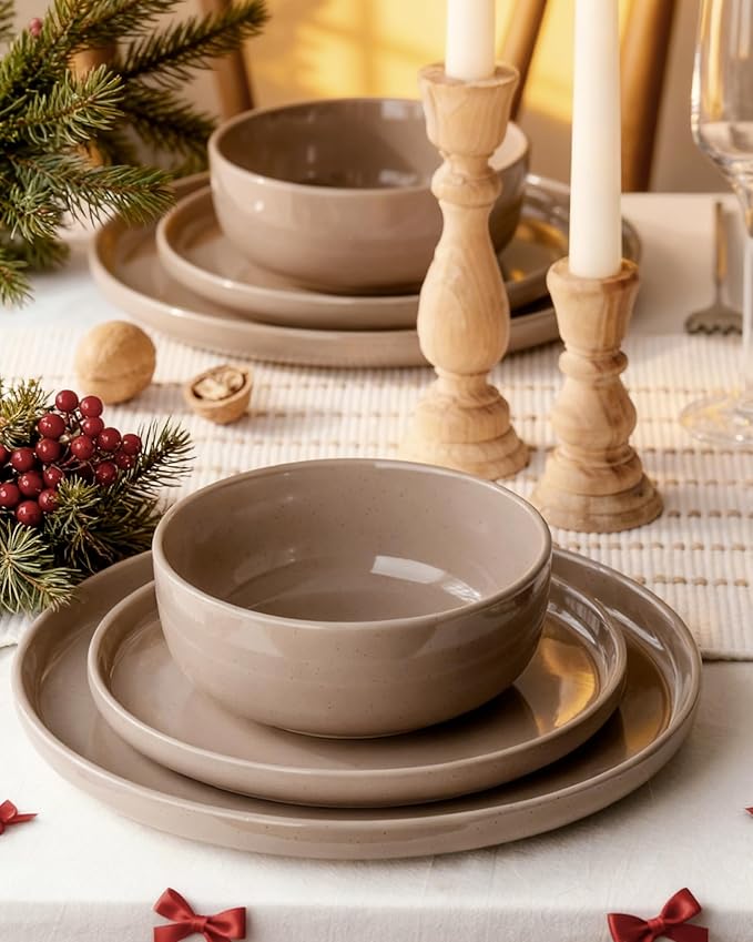 Famiware Milkyway Plates and Bowls Set, 12 Pieces Dinnerware Sets, Dishes Set for 4, Cinnamon Brown