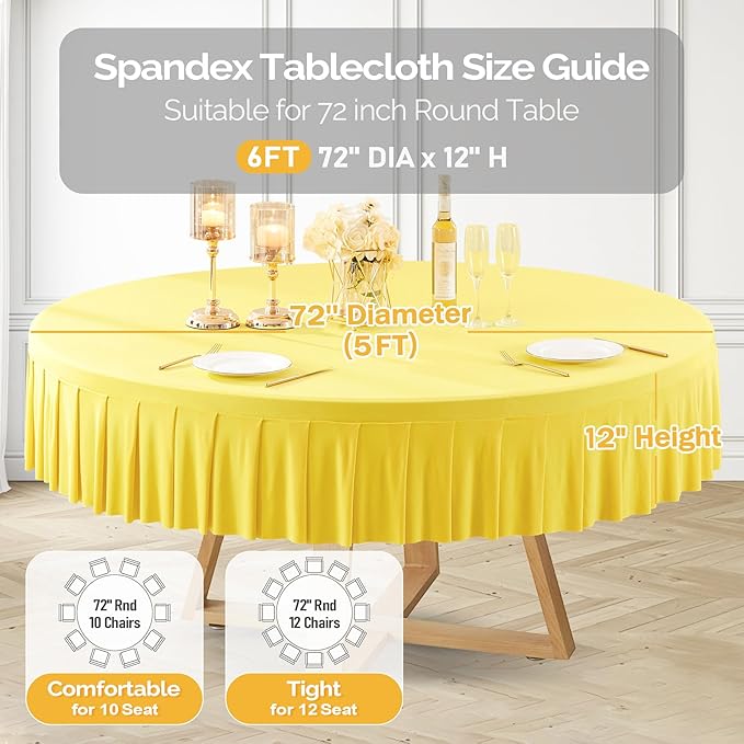 4 Pack Yellow Spandex Round Tablecloths for 72in Table, Stretchy Fitted 6FT Round Table Cloths, Wrinkle Free Table Cover with Skirt for Wedding Birthday Party Bridal Shower Banquet