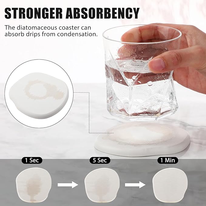 Diatomaceous Earth Coasters Set of 4，Cool Absorbent Quick-Dry Drink Coasters for Desks, Cute Modern Stone Design with Stylish White Aesthetic (4, White)