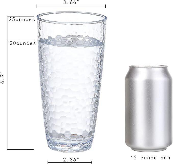 Unbreakable Plastic Tumbler Cups, Set of 6, Large Water Tumbler Set, 25 oz Highball Drinking Glasses (Clear)