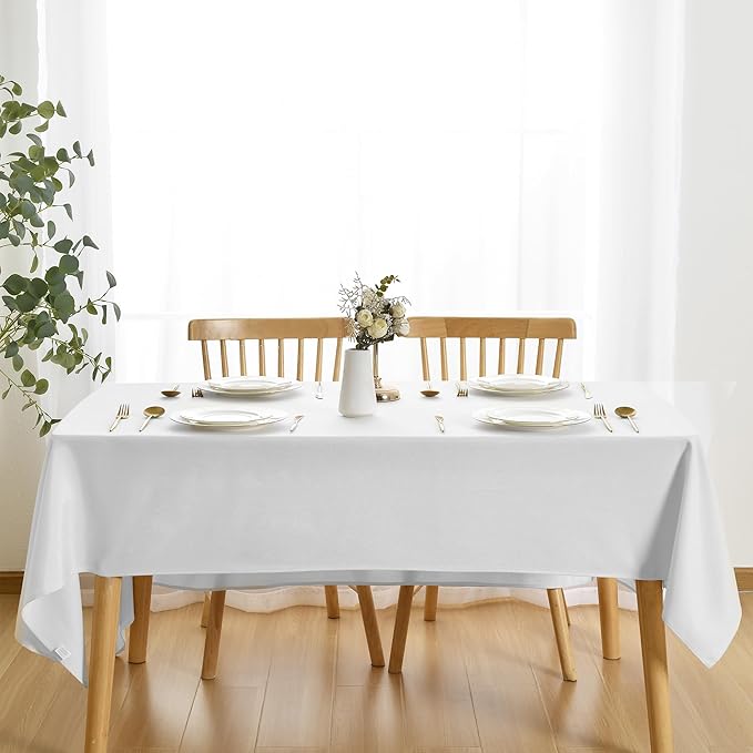 JIUZHEN Faux Linen Farmhouse Tablecloth Rectangular, Wrinkle Stain Resistant Table Cloth Rectangle Table Cover for Kitchen Dining, Holiday Party Dinner, White, 52 x 70 Inch