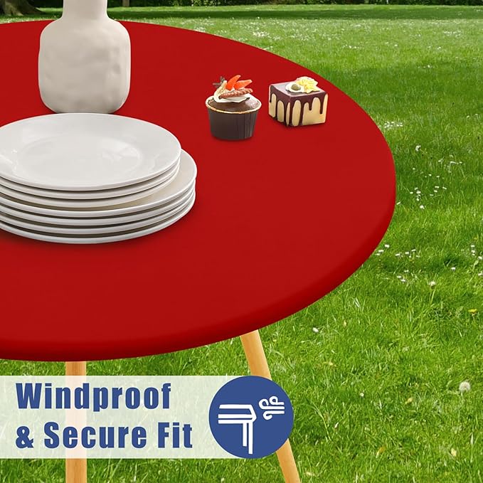 Round Spandex Tablecloth, Elastic Fitted Waterproof Tablecloths for 31"-35" Tables, Stretch Washable Picnic Table Cover for Camping, Dining, Indoor and Outdoor, Red