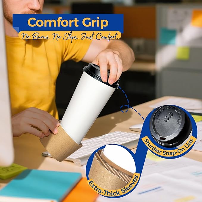 Fit Meal Prep 24 oz 50 Pack To Go Coffee Cups with Lids and Sleeves, Disposable Paper Coffee Cups with Lids for Hot/Cold Beverage
